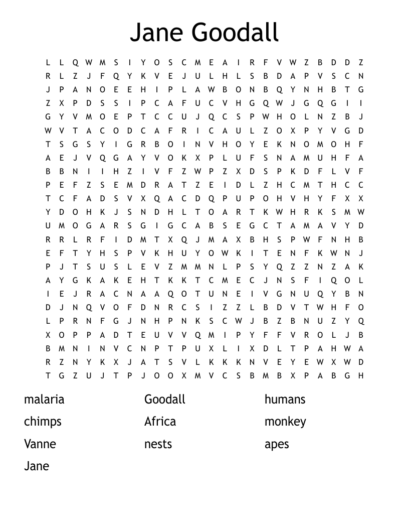Jane Goodall Word Search