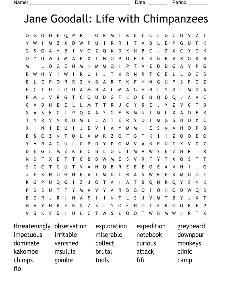 Jane Goodall: Life with Chimpanzees Word Search