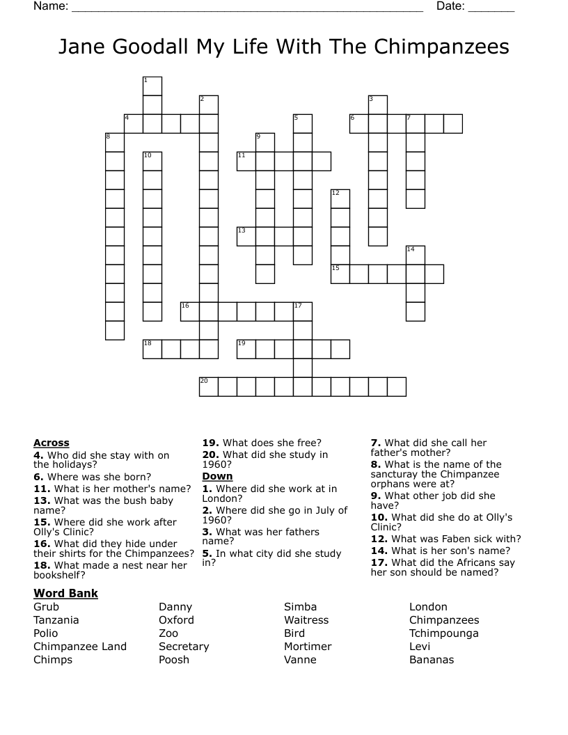 Jane Goodall My Life With The Chimpanzees Crossword