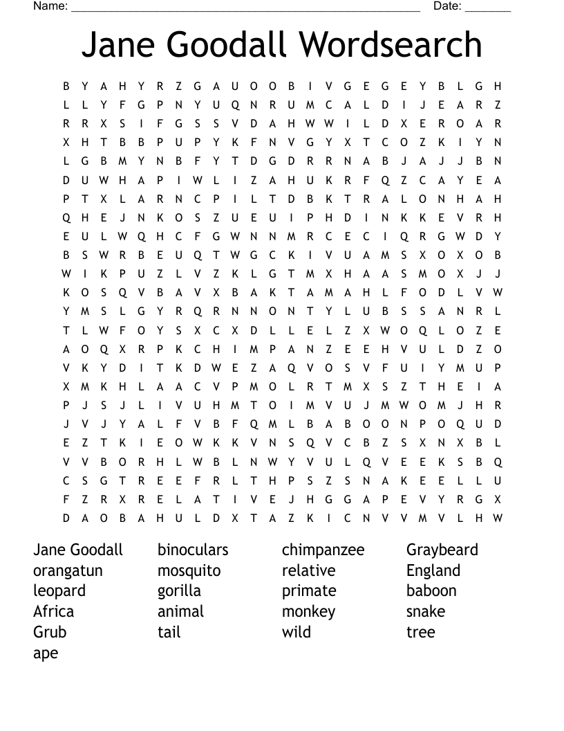Jane Goodall Wordsearch