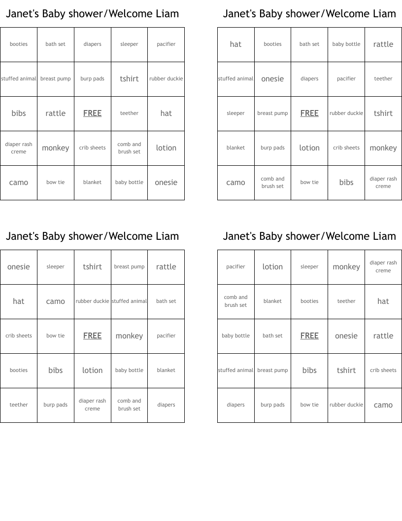 Janet's Baby shower/Welcome Liam Bingo Cards