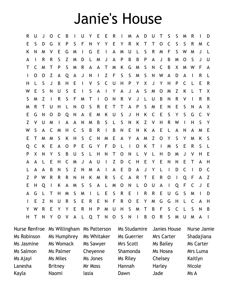 Janie's House Word Search