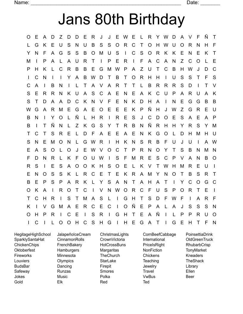 Jans 80th Birthday Word Search