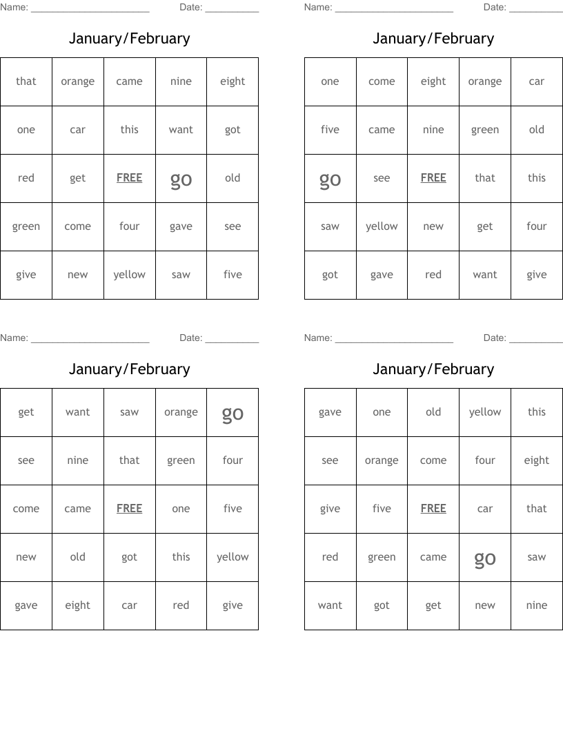 January/February Bingo Cards