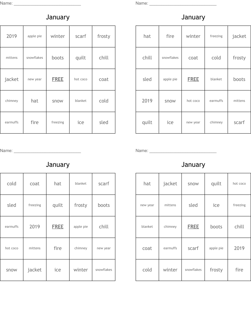 January Bingo Cards