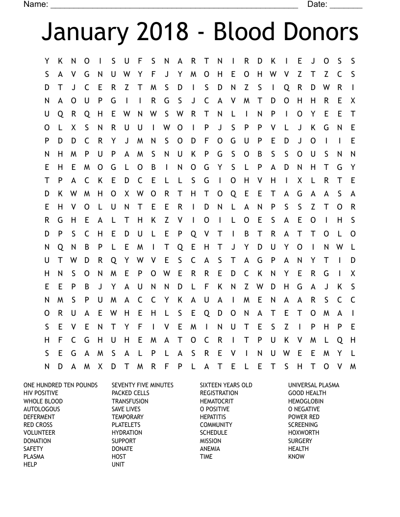 January 2018 - Blood Donors Word Search