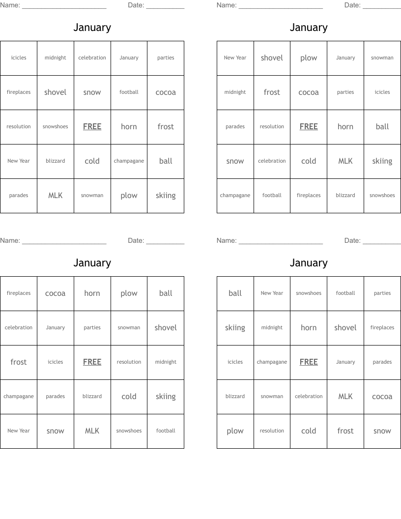 January Bingo Cards