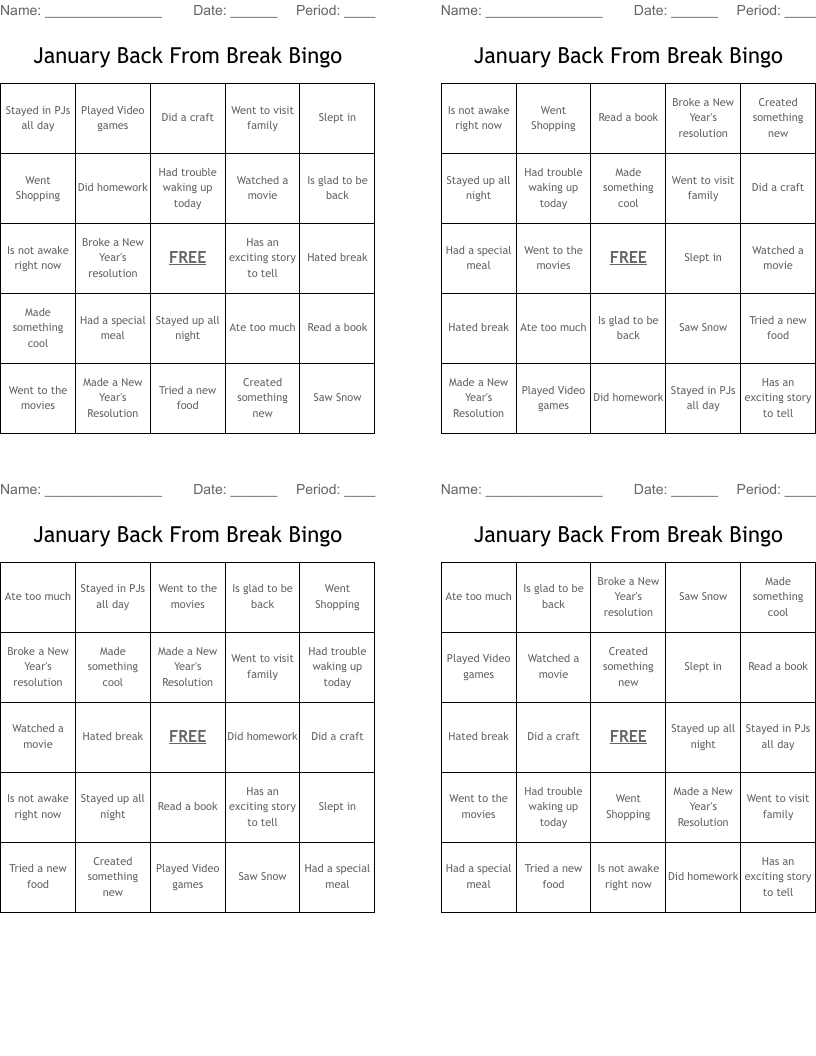 January Back From Break Bingo