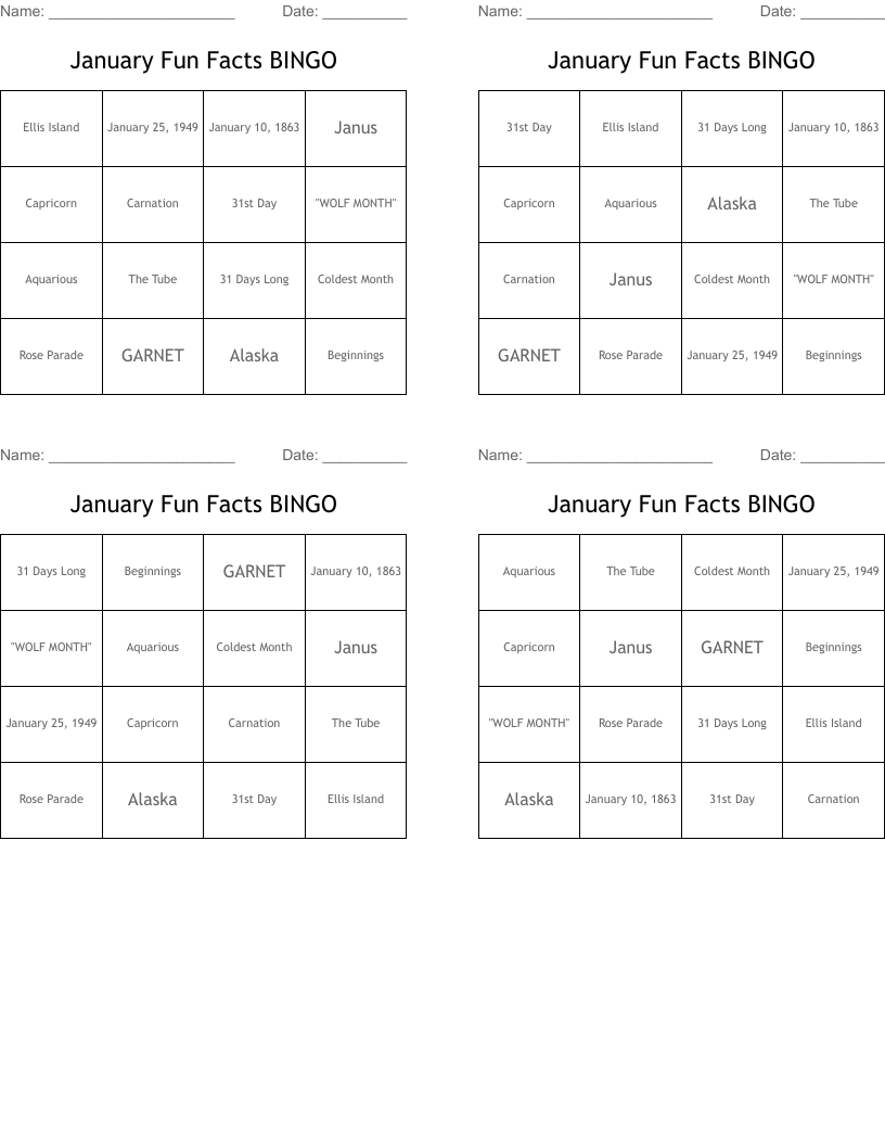 January Fun Facts BINGO