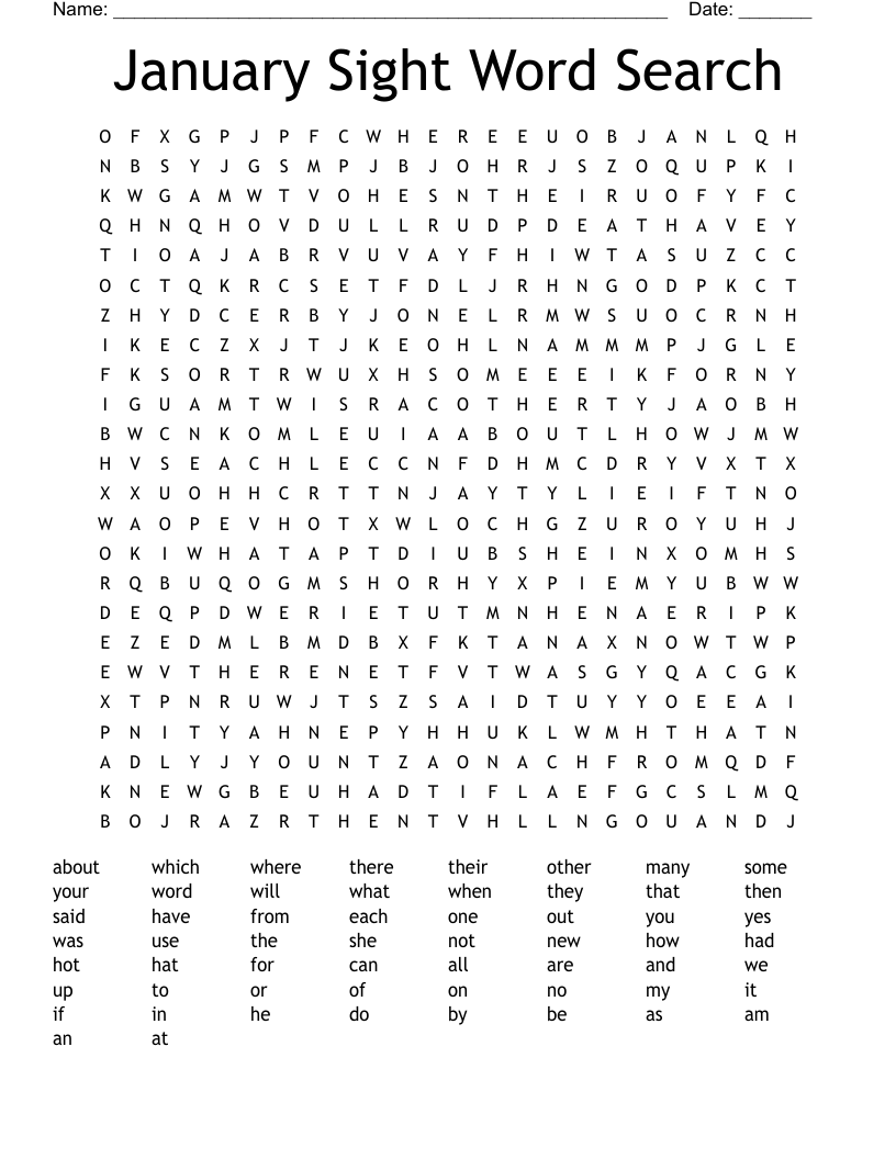 January Sight Word Search