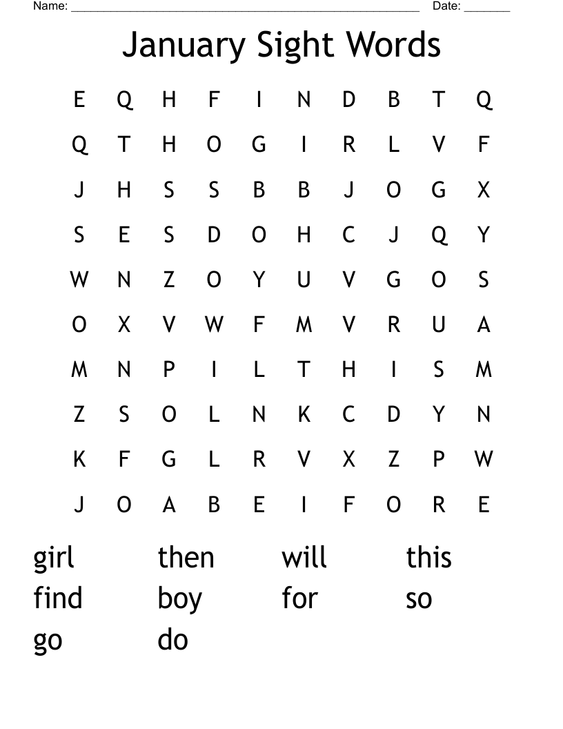 January Sight Words Word Search