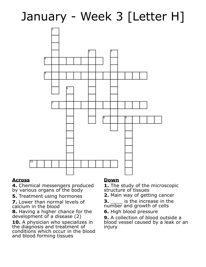 January - Week 3 [Letter H] Crossword
