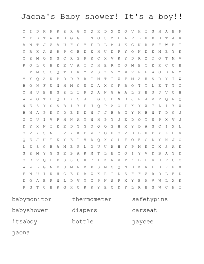 Jaona's Baby shower! It's a boy!! Word Search