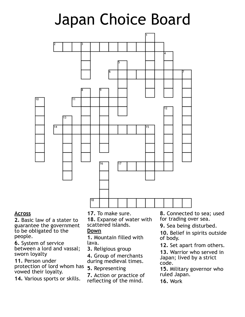 Japan Choice Board Crossword