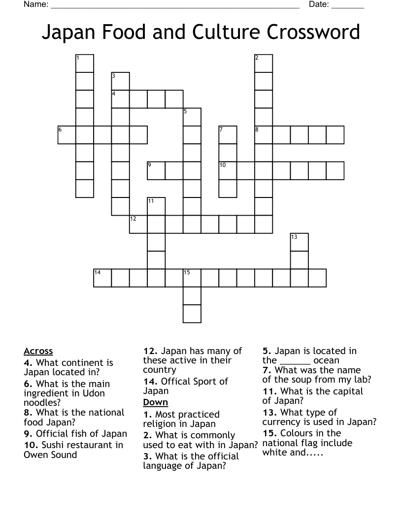 Japan Food and Culture Crossword