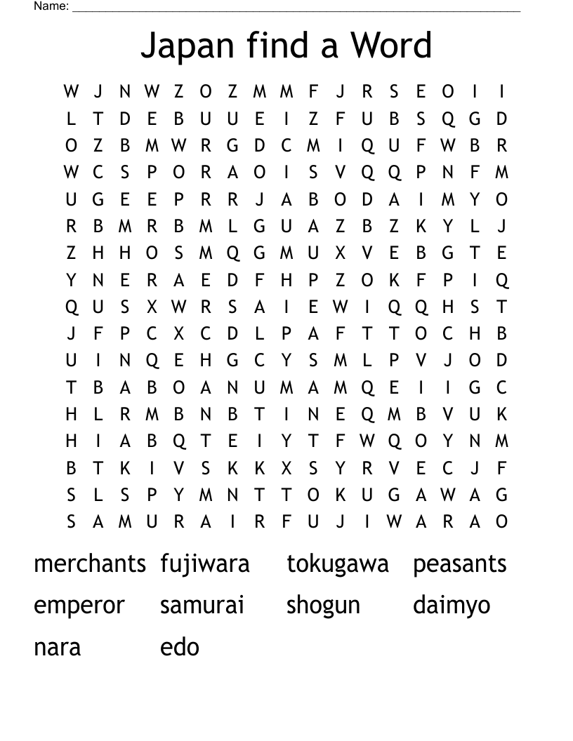 Japan find a Word Word Search