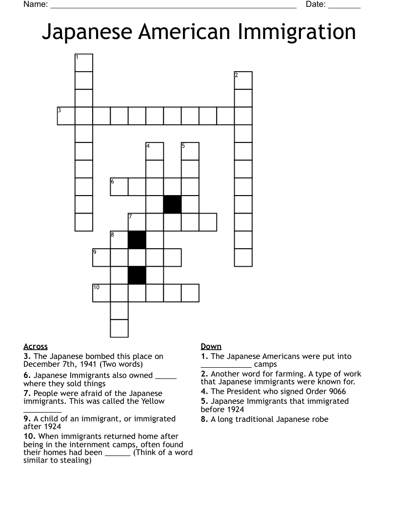 Japanese American Immigration Crossword