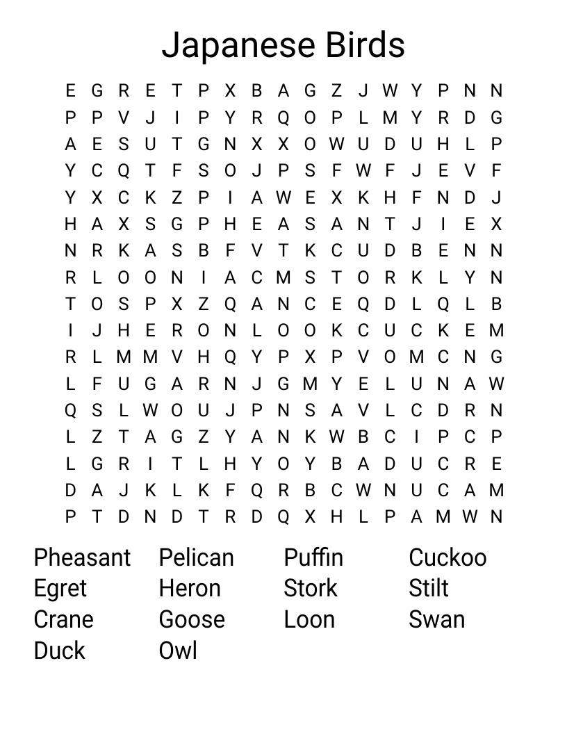 Japanese Birds Word Search