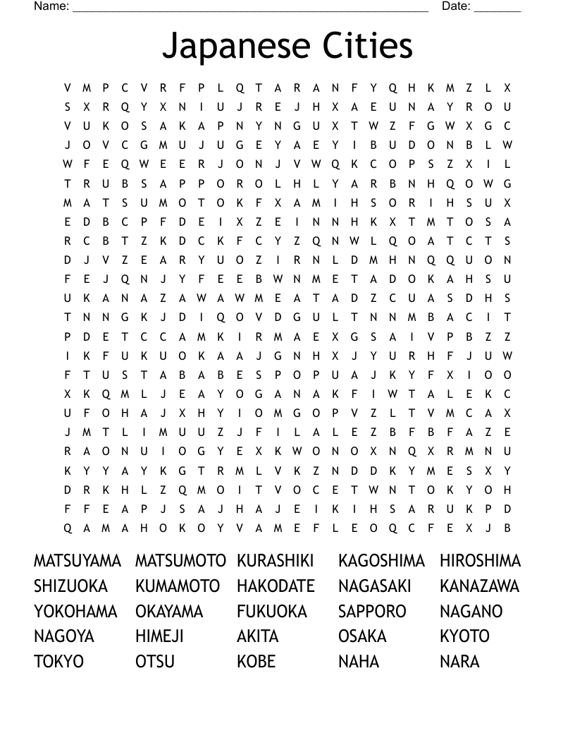 Japanese Cities Word Search