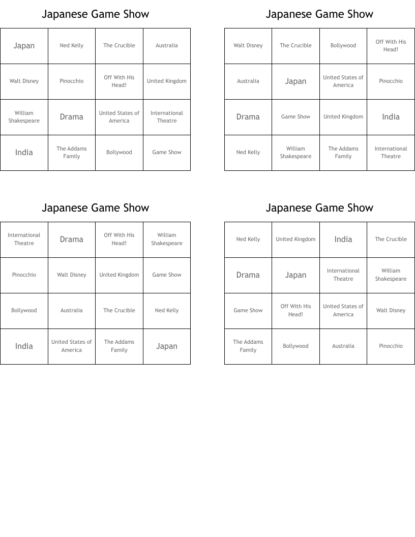 Japanese Game Show Bingo Cards