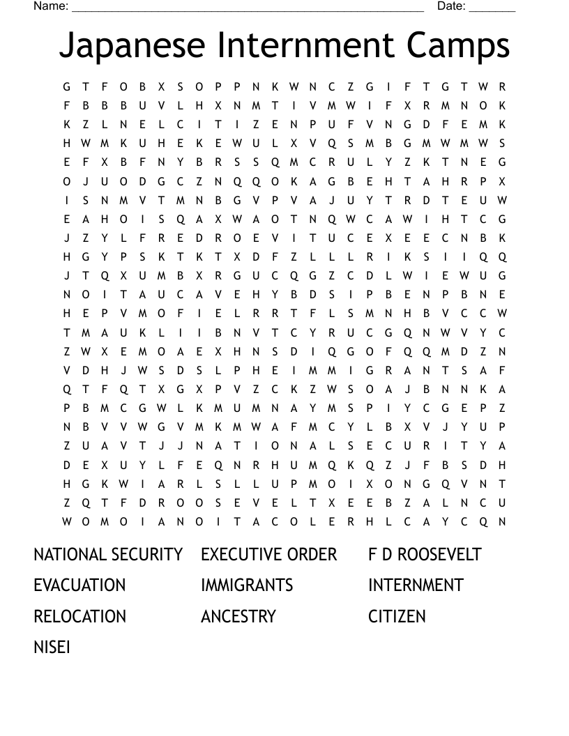 Japanese Internment Camps Word Search