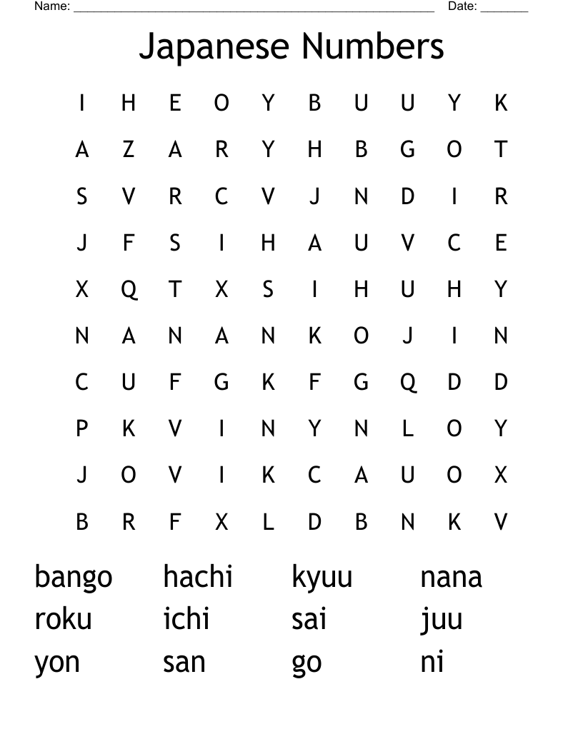 Japanese Numbers Word Search