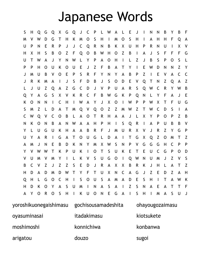 Japanese Words Word Search