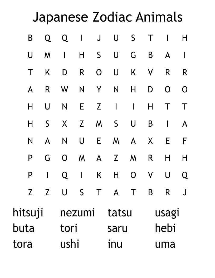 Japanese Zodiac Animals Word Search