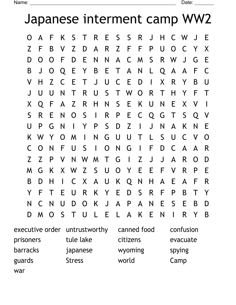 Japanese interment camp WW2 Word Search