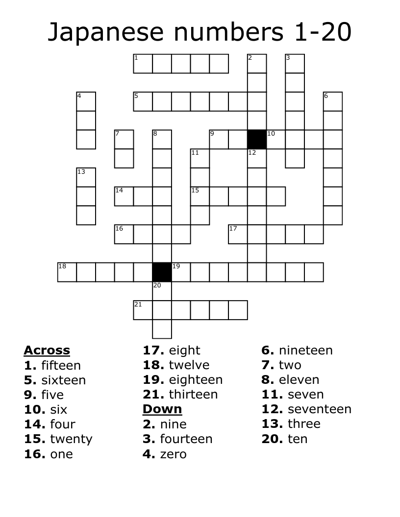 Japanese numbers 1-20 Crossword