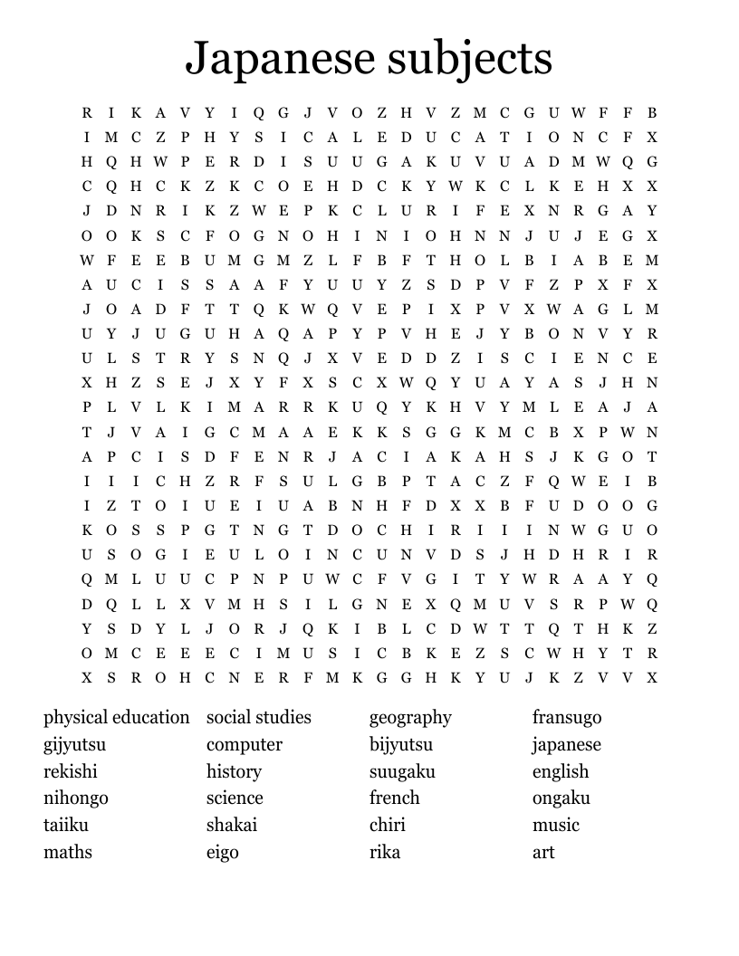 Japanese subjects Word Search