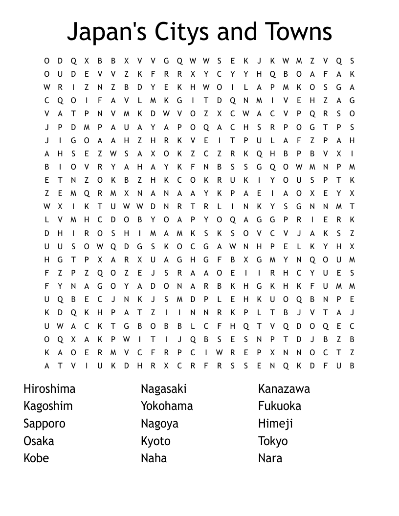 Japan's Citys and Towns Word Search