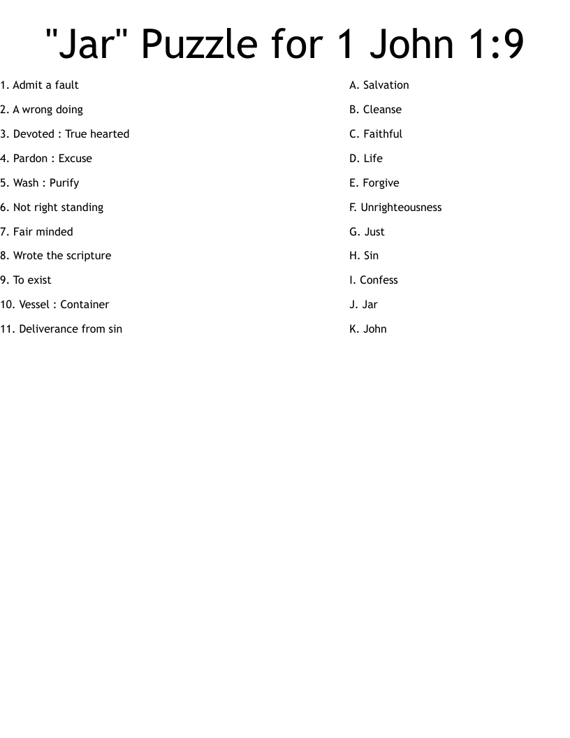 "Jar" Puzzle for 1 John 1:9 Worksheet