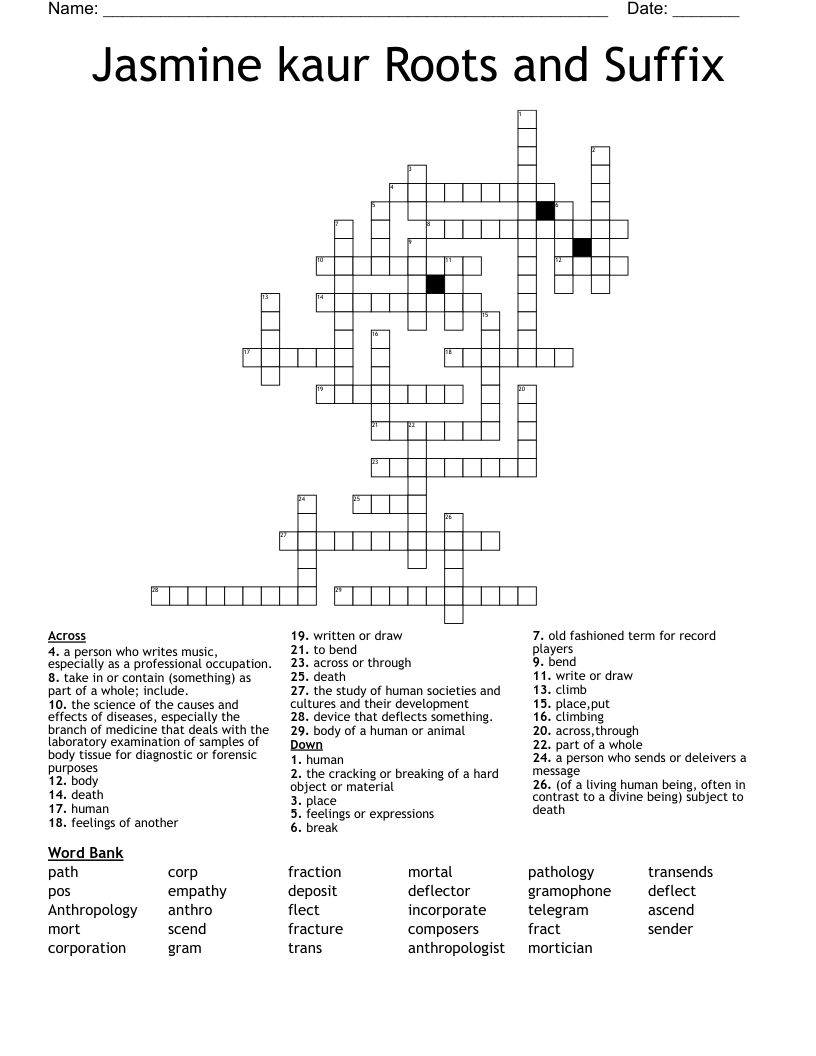 Jasmine kaur  Roots and Suffix Crossword