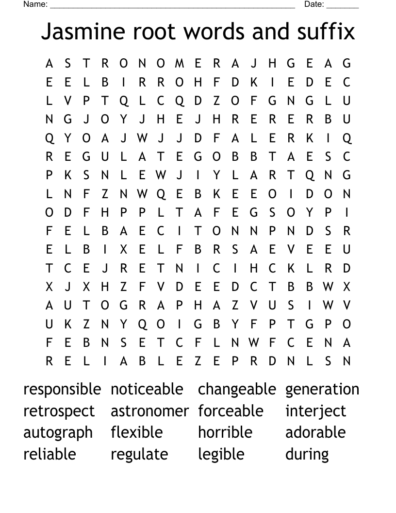 Jasmine root words and suffix Word Search
