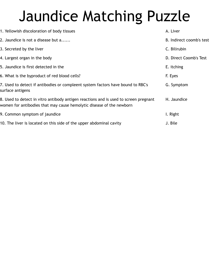 Jaundice Matching Puzzle Worksheet