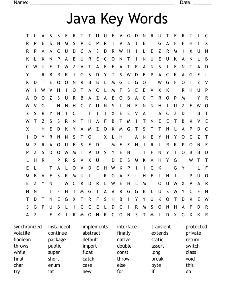 Java Key Words Word Search