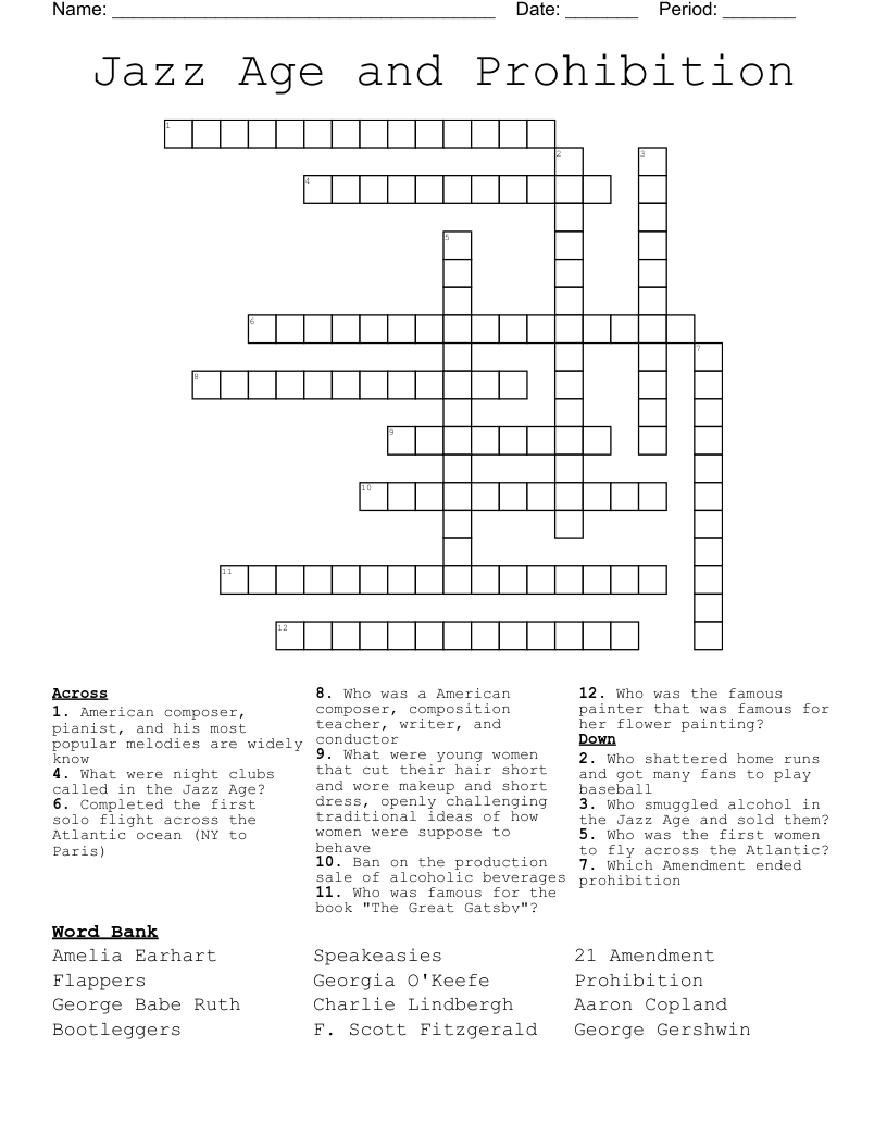 Jazz Age and Prohibition Crossword