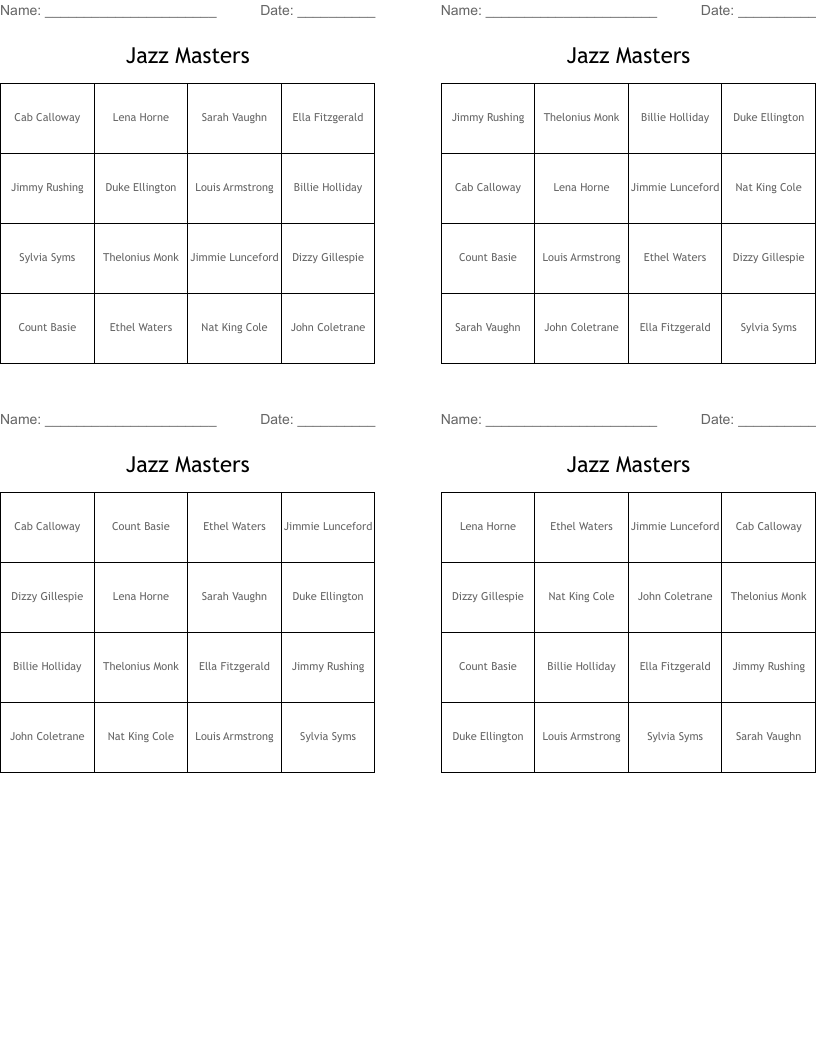 Jazz Masters Bingo Cards