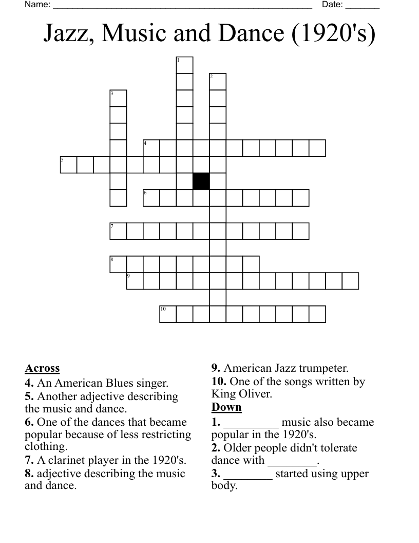 Jazz, Music and Dance (1920's) Crossword