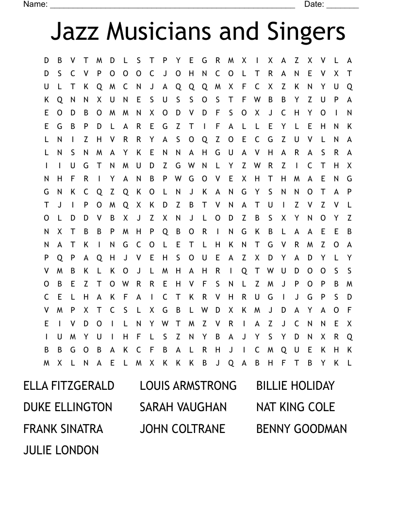Jazz Musicians and Singers Word Search