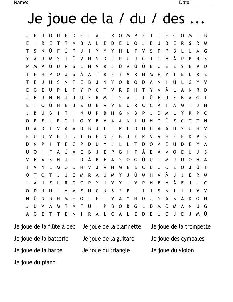 Je joue de la / du / des ... Word Search