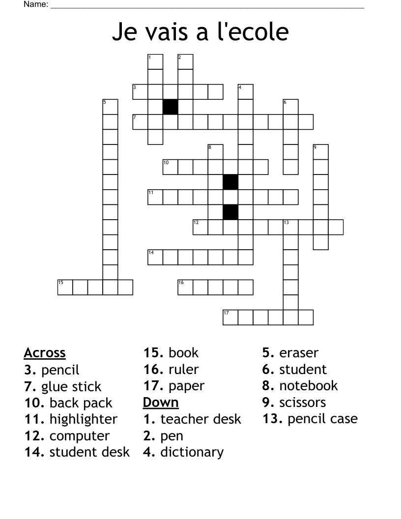 Je vais a l'ecole Crossword