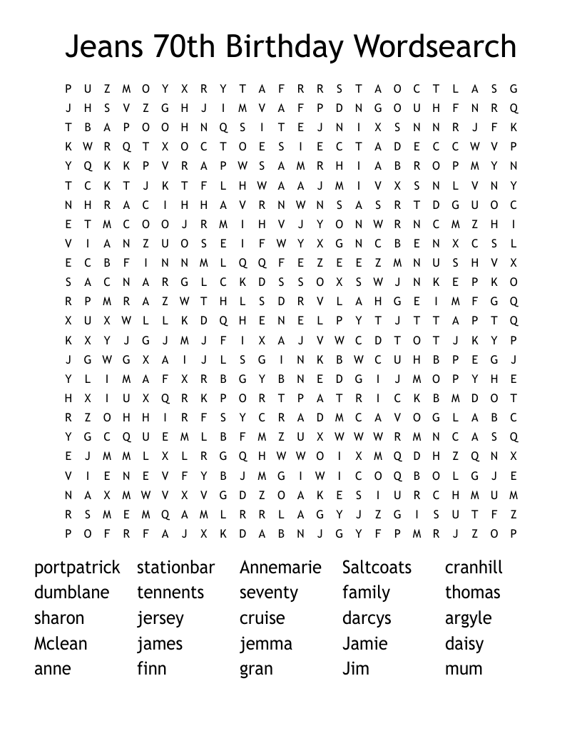 Jeans 70th Birthday Wordsearch 