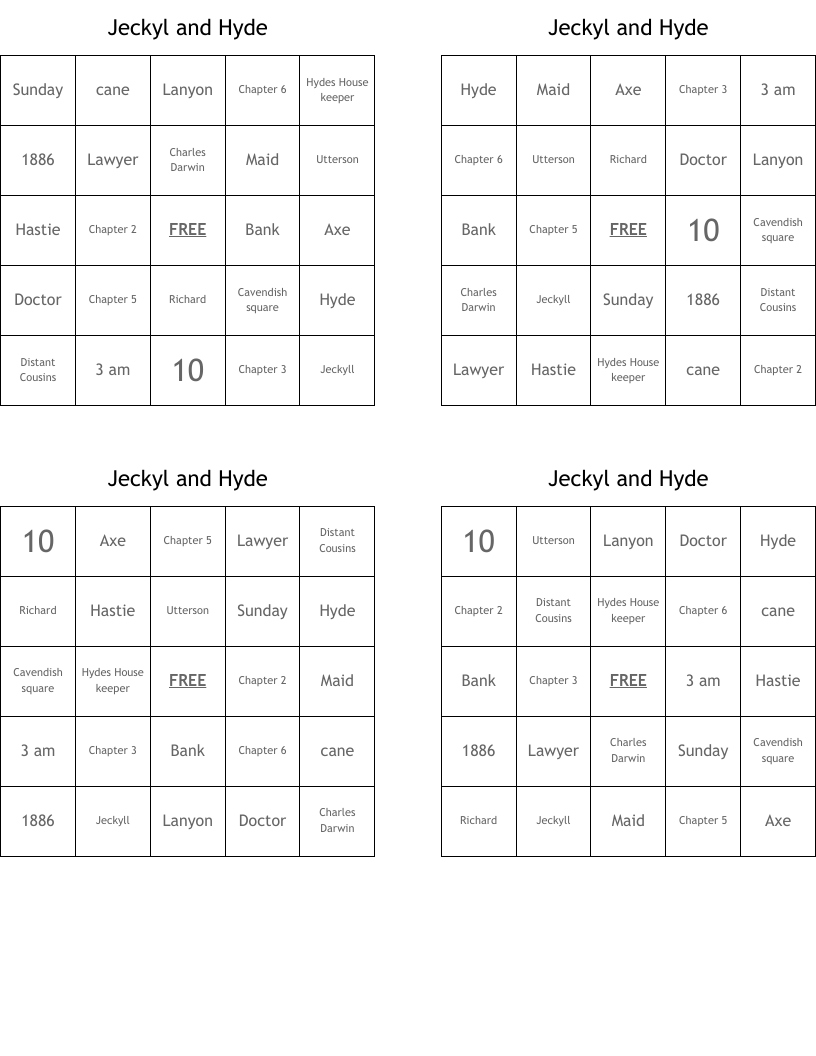 Jeckyl and Hyde Bingo Cards