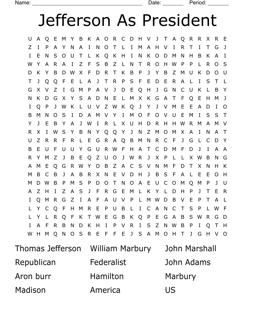 Jefferson As President Word Search