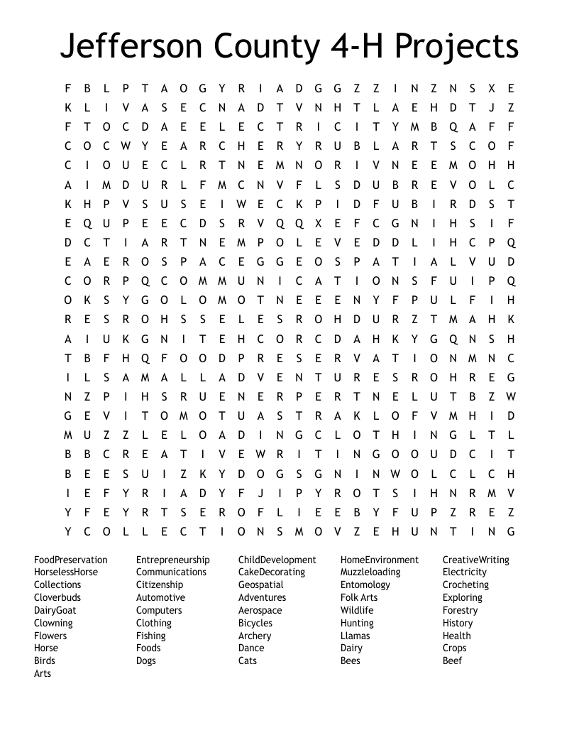 Jefferson County 4-H Projects Word Search