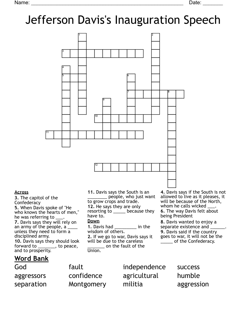 Jefferson Davis's Inauguration Speech Crossword