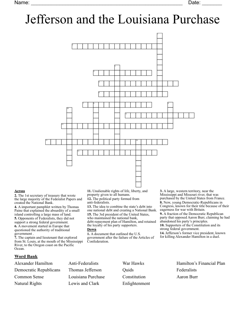 Jefferson and the Louisiana Purchase Crossword