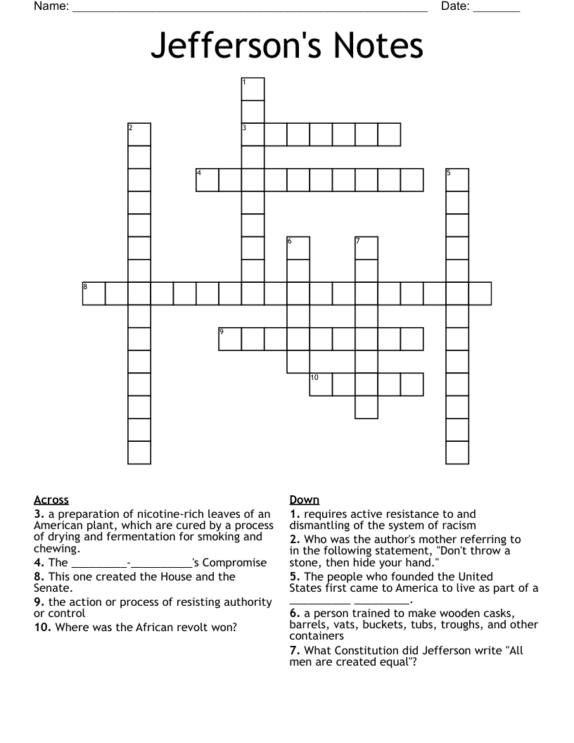 Jefferson's Notes  Crossword